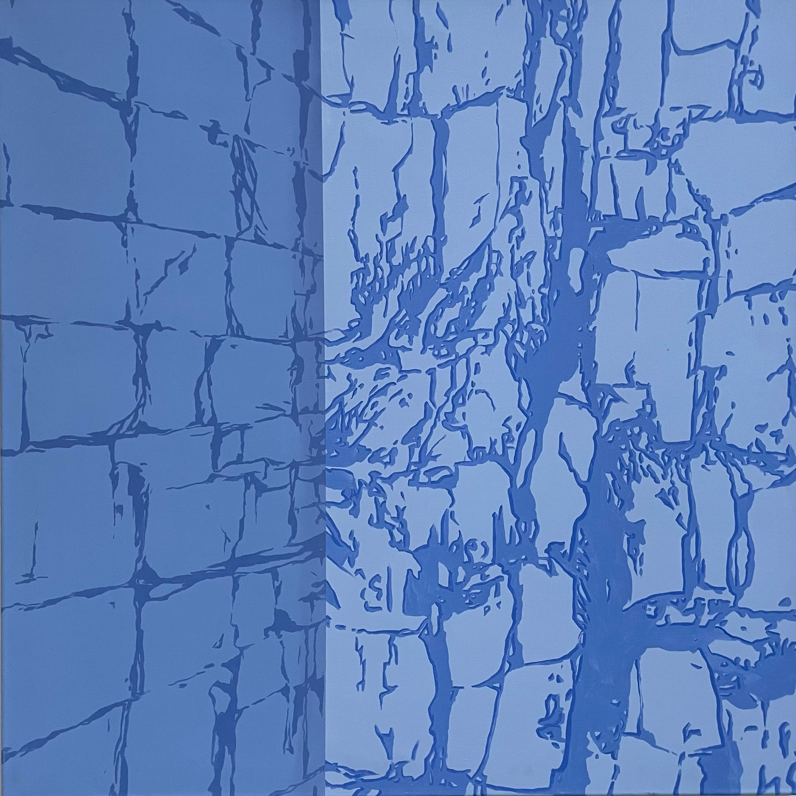 A blue and white painting of a brick wall.