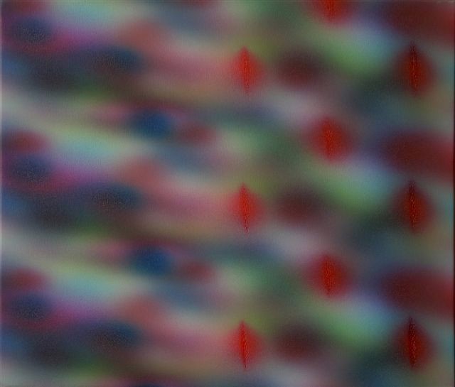 a close up of a painting with red and blue dots on it