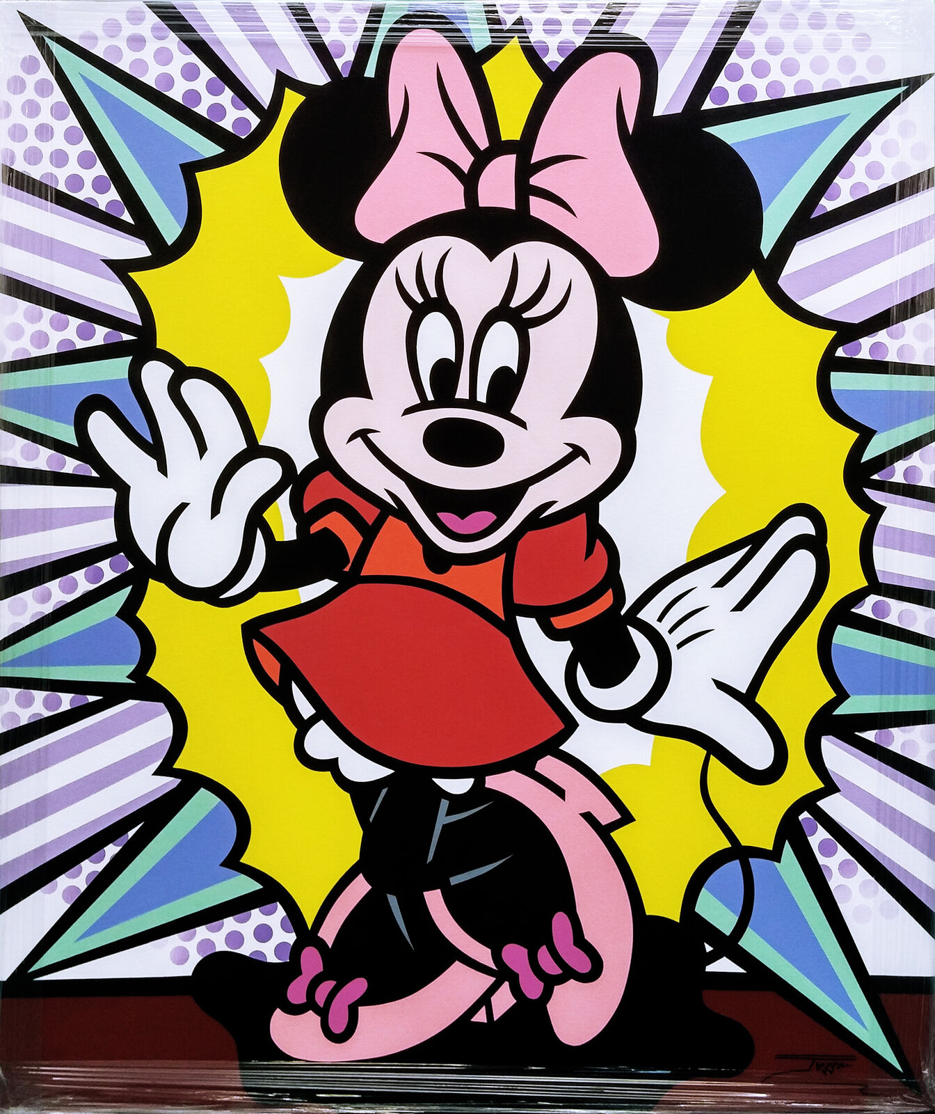 A painting of a minnie mouse in a red dress.
