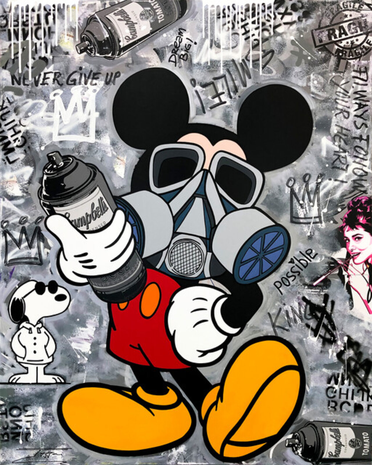 A graffiti-style portrait of a cartoon mouse character wearing a gas mask and spray paint can, surrounded by urban street art elements.
