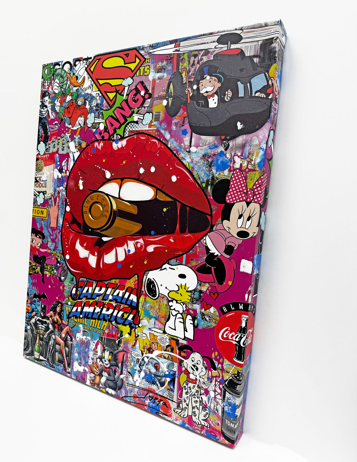 A collage of various cartoon characters on a wall.