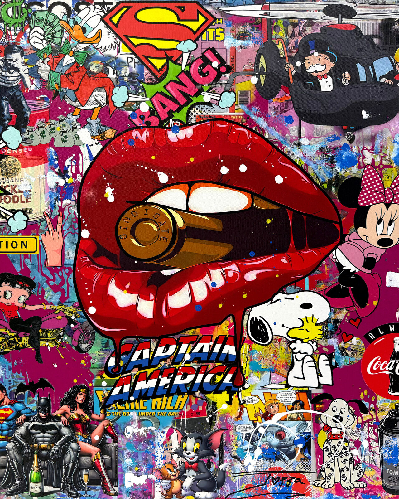 A collage of various cartoon characters on a wall.