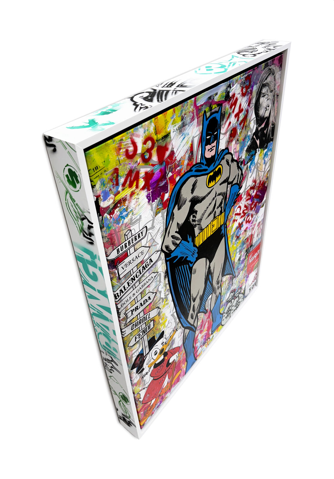 A painting of a man dressed as a batman standing in front of a wall.