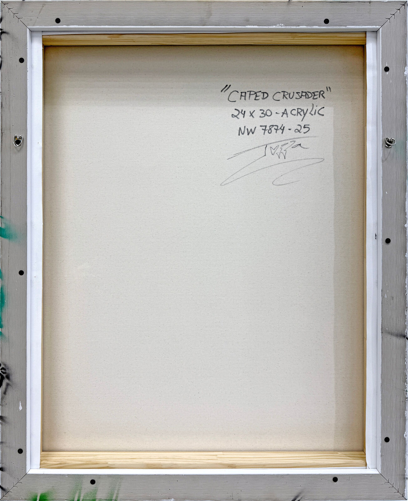 A painting of a man dressed as a batman standing in front of a wall.