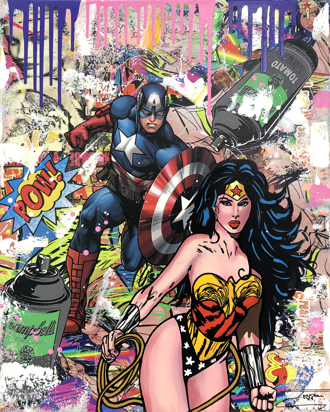 A painting of a woman with a gun and a captain america.