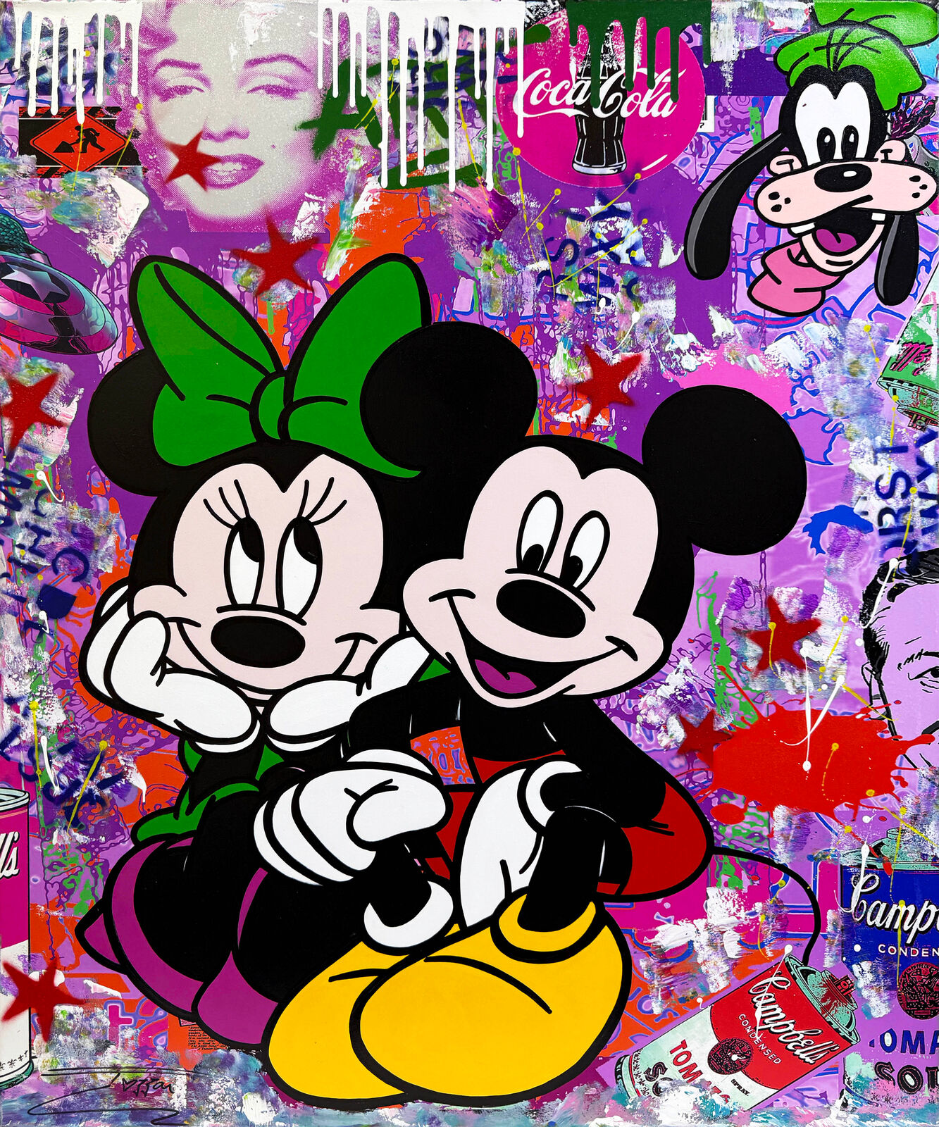 A painting of Mickey and Minnie Mouse on a purple background.