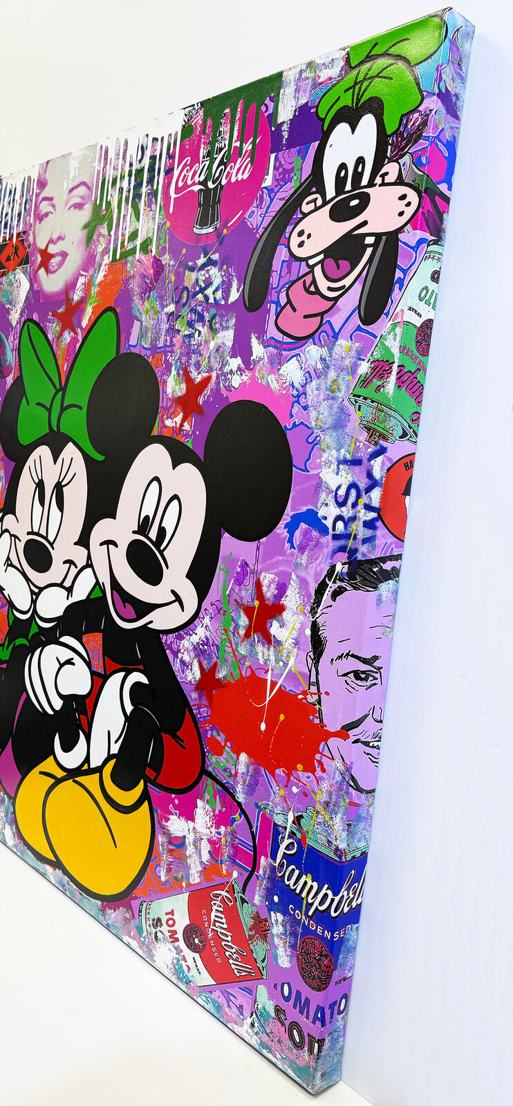 A painting of Mickey and Minnie Mouse on a purple background.