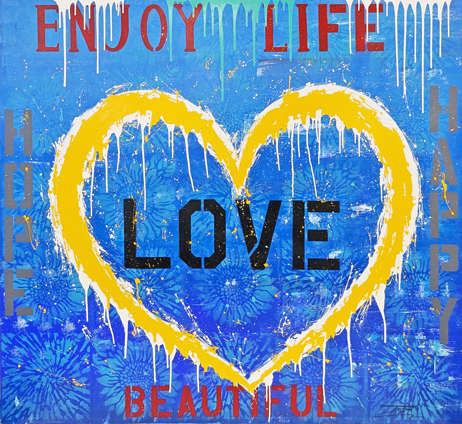 A painting of a yellow heart with the words enjoy life, love, happy, beautiful.