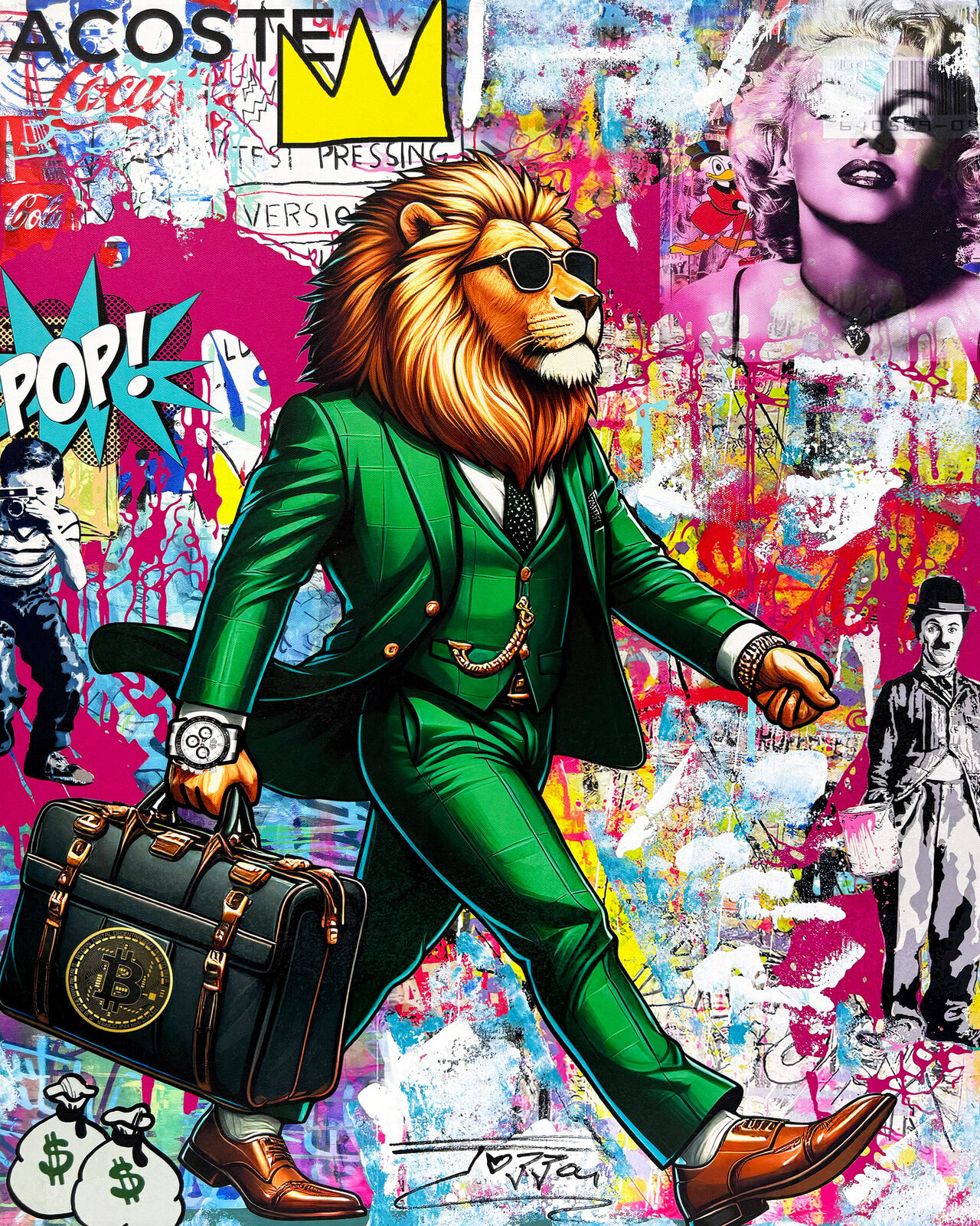 A painting of a lion in a green suit with a briefcase.