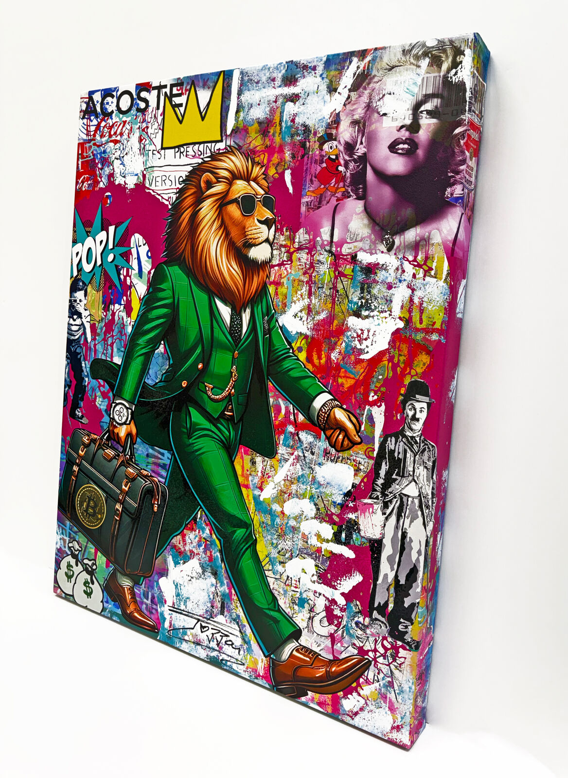 A painting of a lion in a green suit with a briefcase.