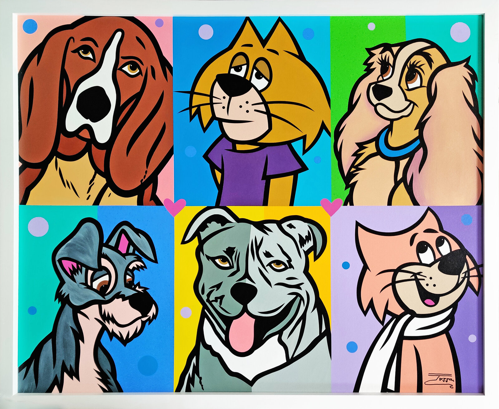 A painting of a group of cartoon dogs on a colorful background.