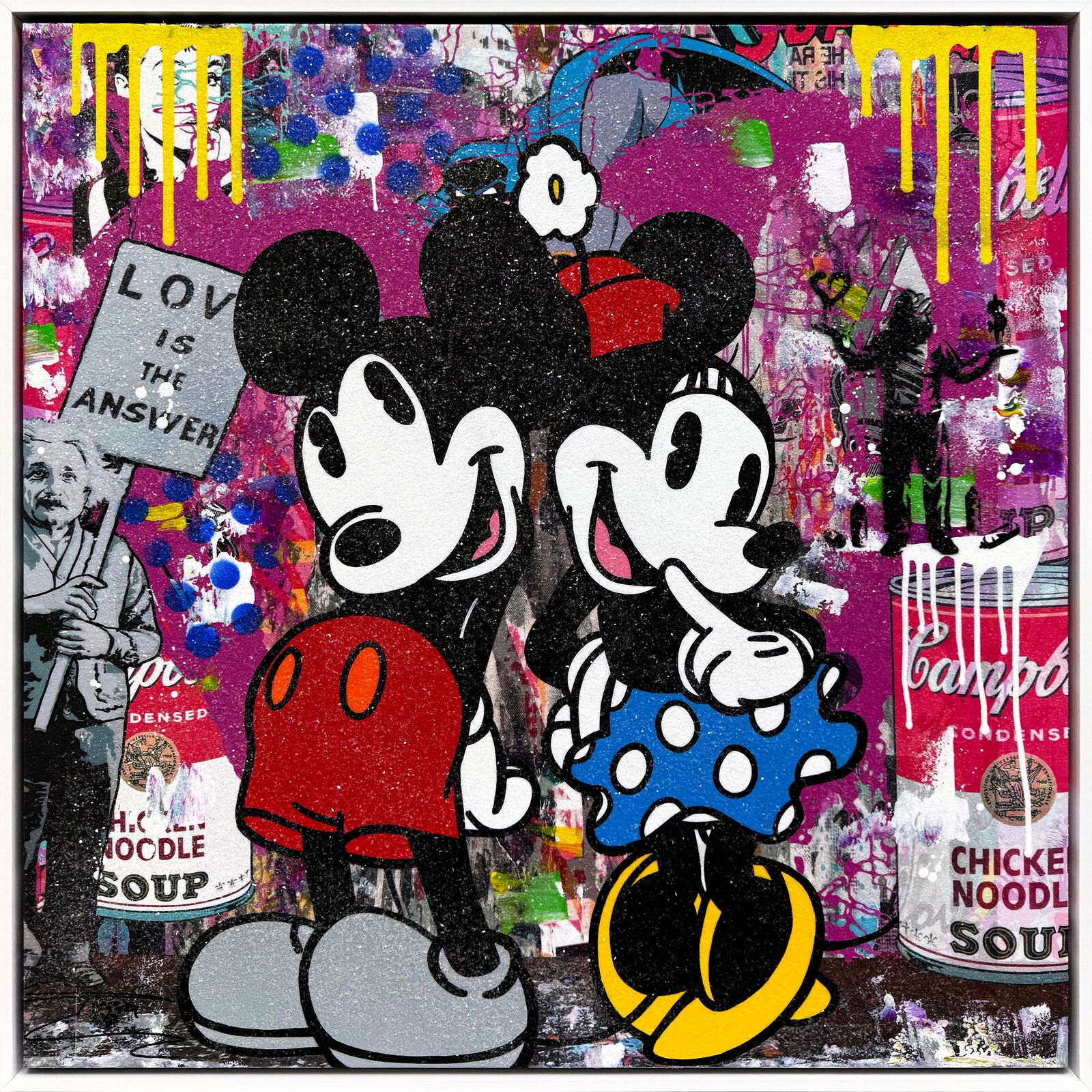 A painting of two Mickey and Minnie Mouse on a wall.