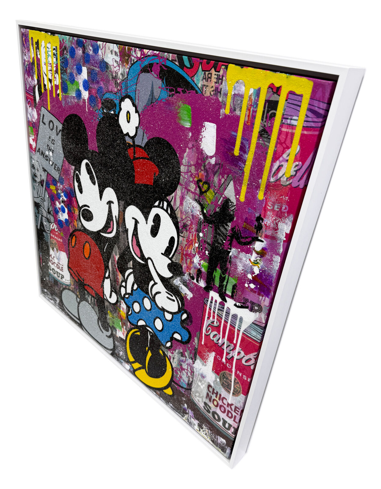 A painting of two Mickey and Minnie Mouse on a wall.