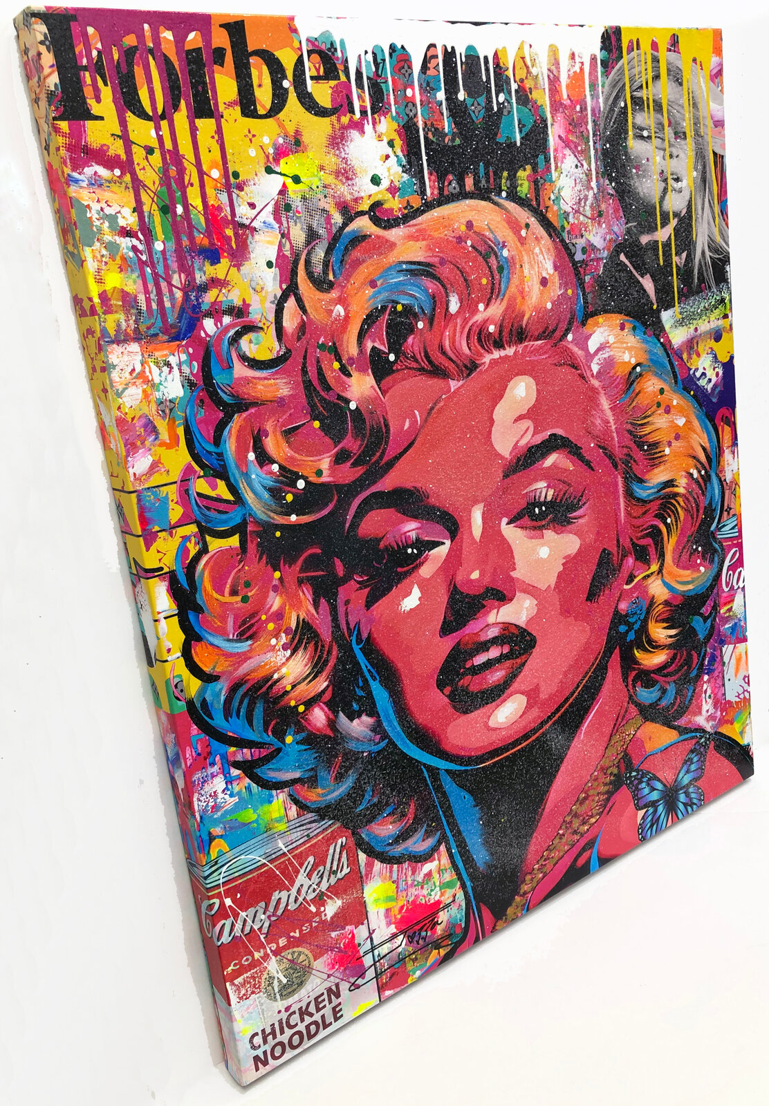 A painting of a woman with a butterfly on her head.