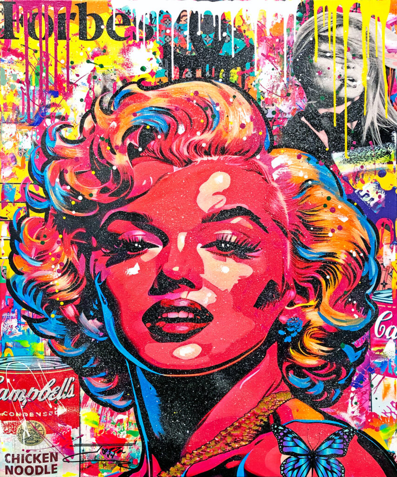 A painting of a woman with a butterfly on her head.