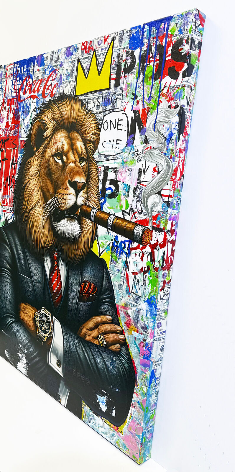 A painting of a lion in a suit smoking a cigar.
