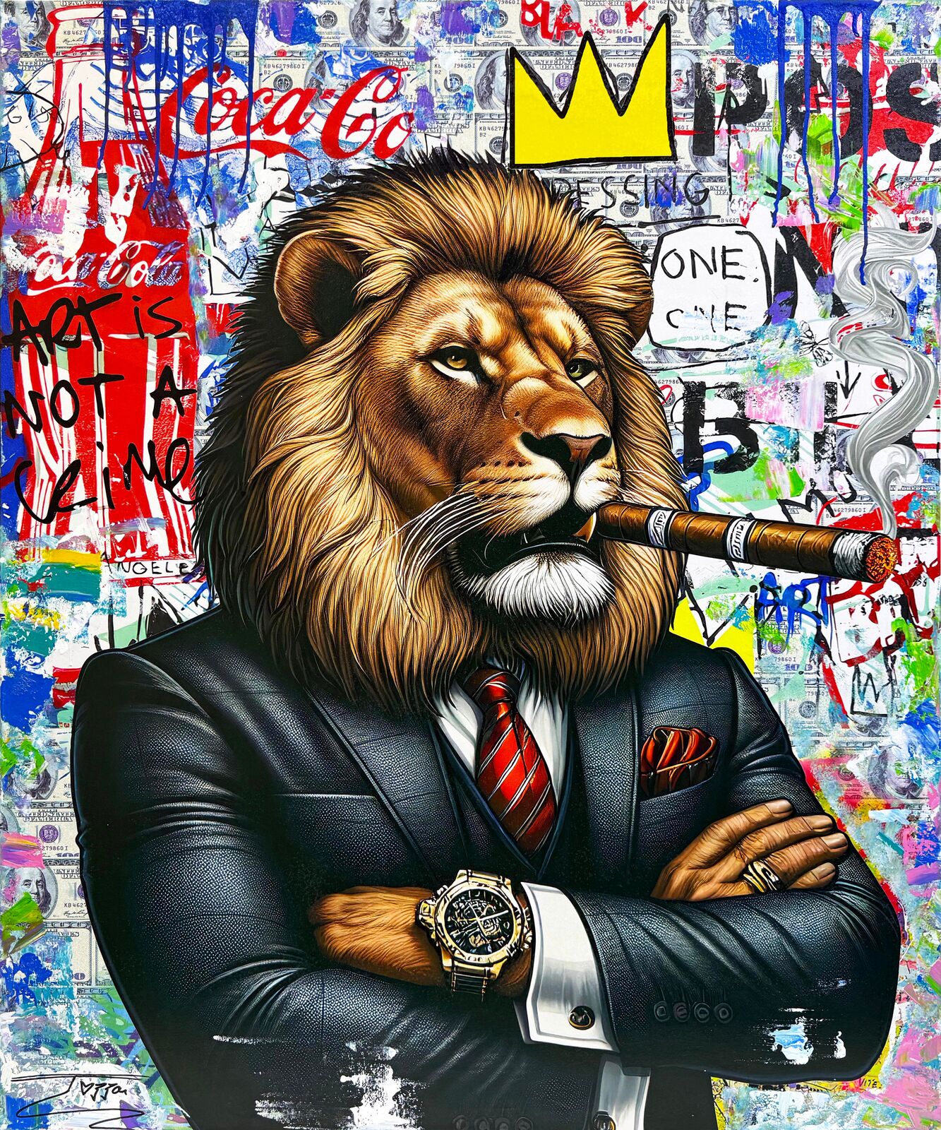 A painting of a lion in a suit smoking a cigar.