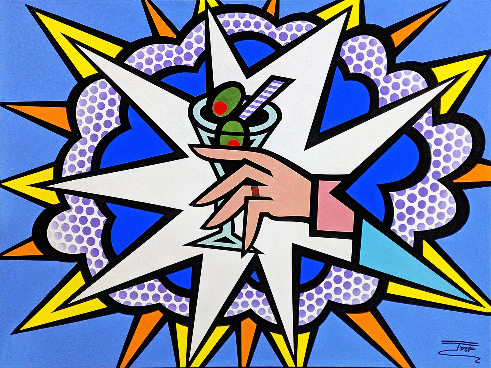 A painting of a hand holding a martini glass in front of a star.