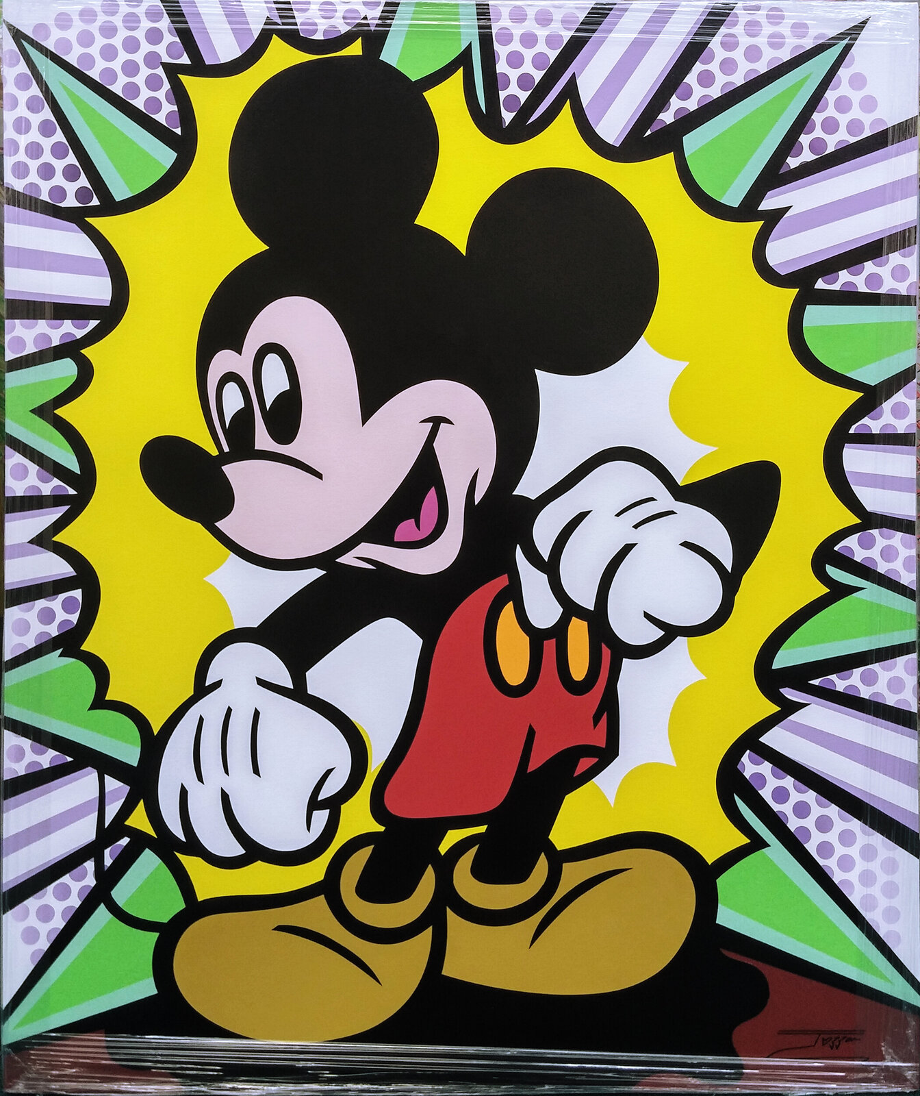 A painting of a mickey mouse on a yellow background.