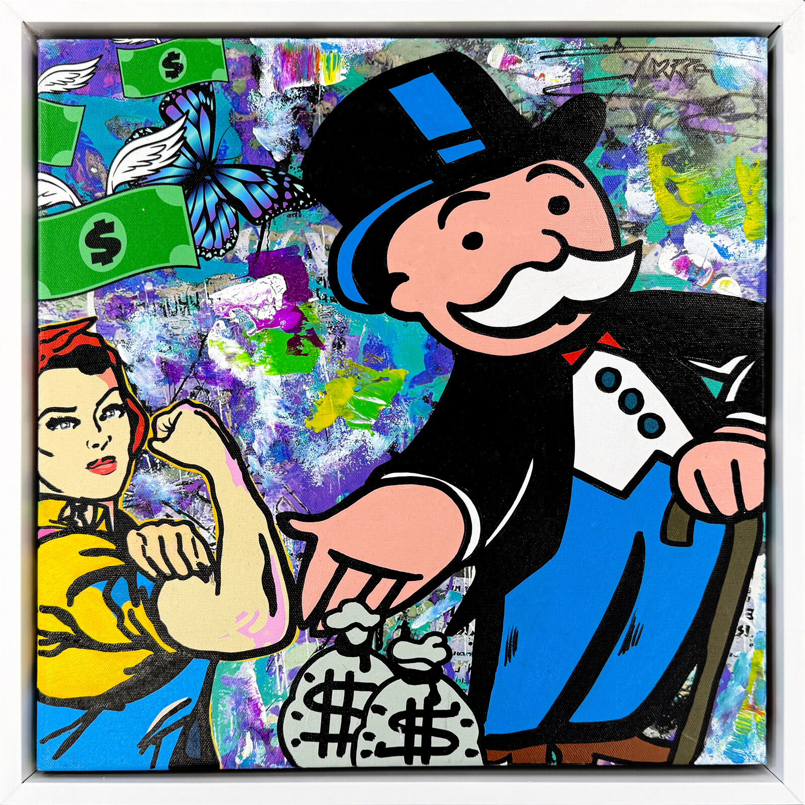 A painting of a man in a top hat and a woman in a blue dress.
