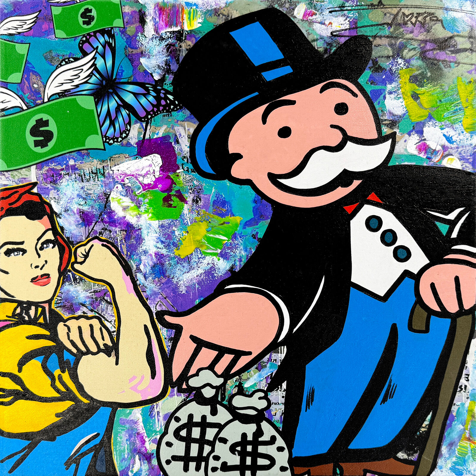 A painting of a man in a top hat and a woman in a blue dress.