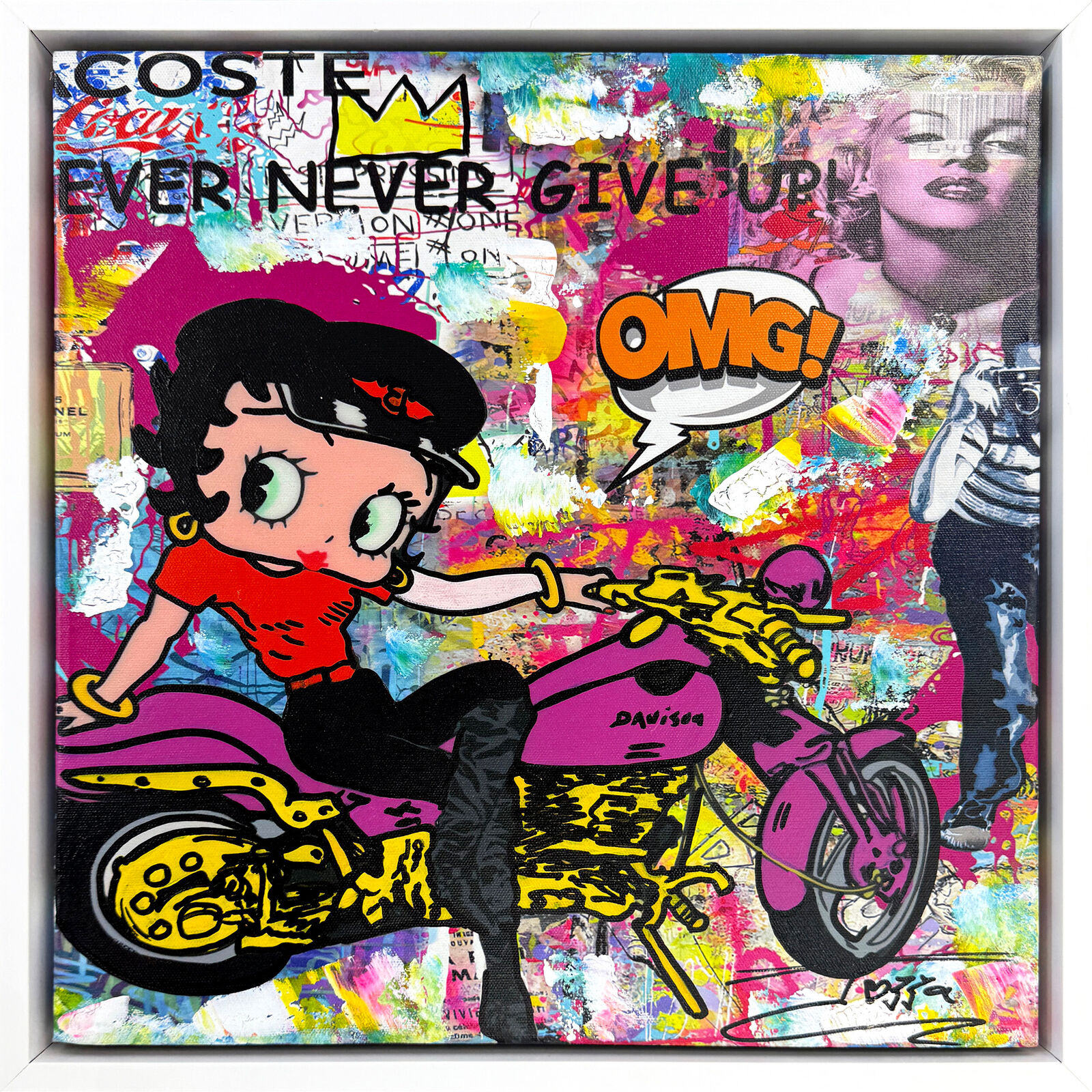 A painting of a woman riding a pink motorcycle.