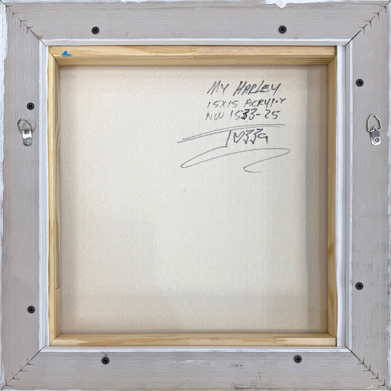 A painting of a woman riding a pink motorcycle.