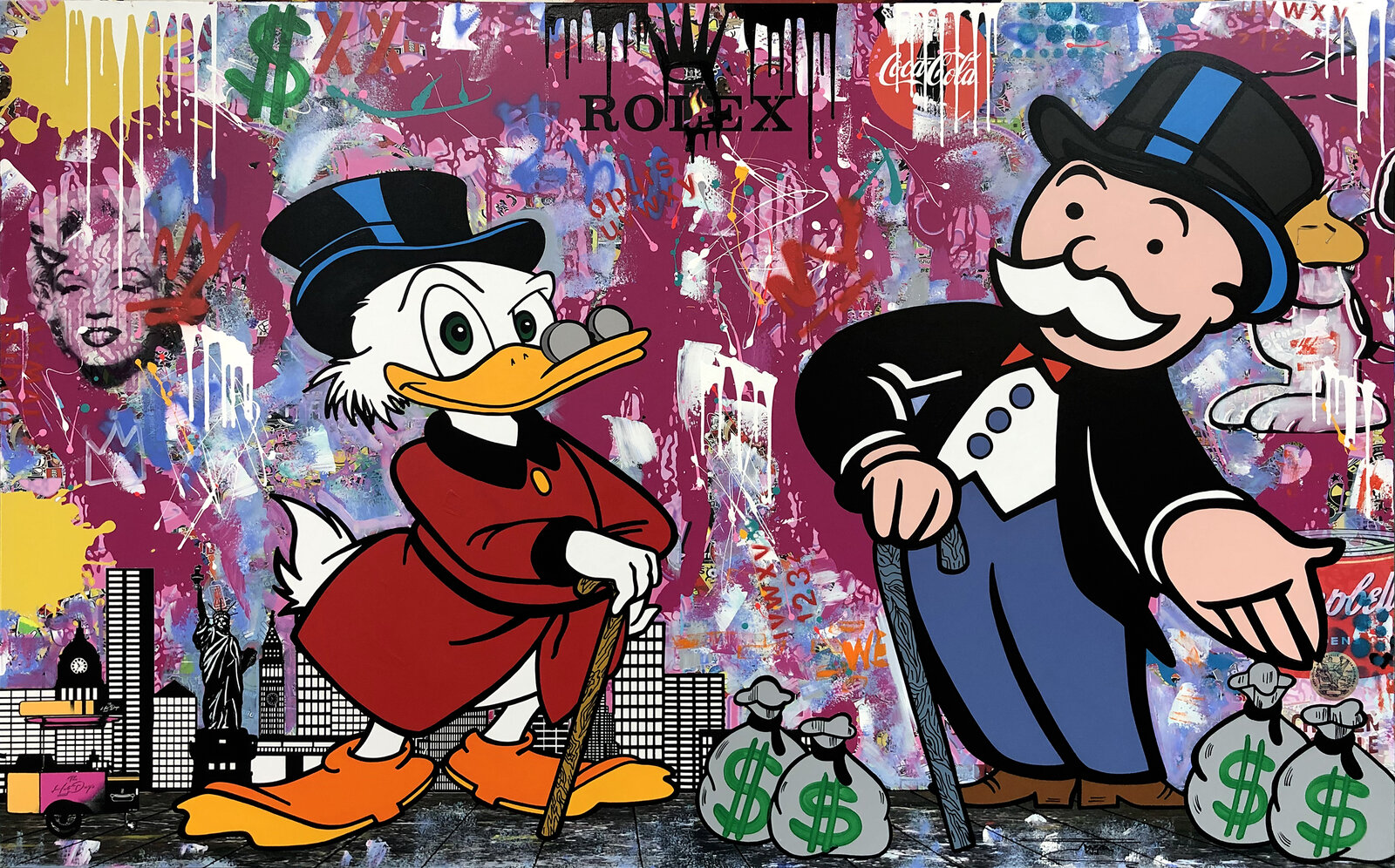 A painting of a man and a duck in front of a graffiti covered wall.