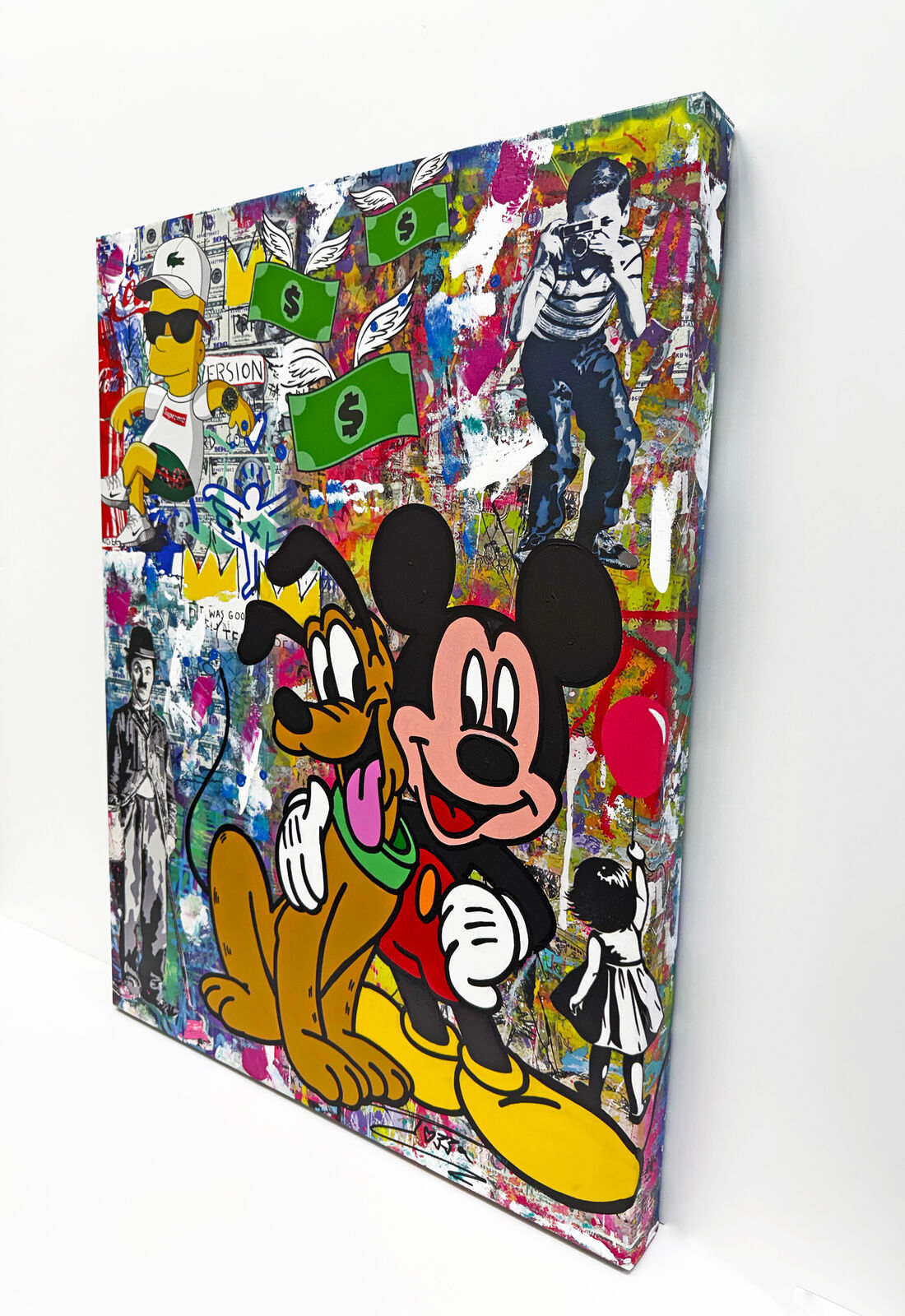A vibrant pop-art collage featuring a central cartoon dog and mouse embracing amidst a chaotic background of figures, symbols, and graffiti.