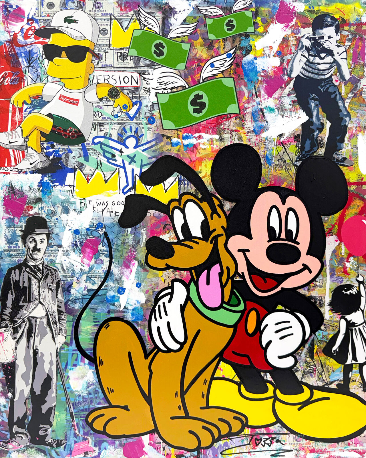 A vibrant pop-art collage featuring a central cartoon dog and mouse embracing amidst a chaotic background of figures, symbols, and graffiti.