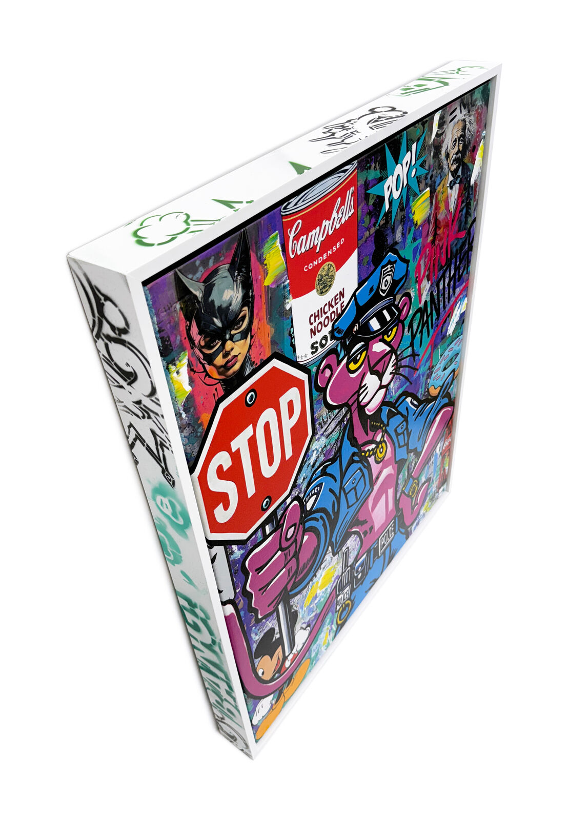 A painting of a pink panther holding a stop sign.