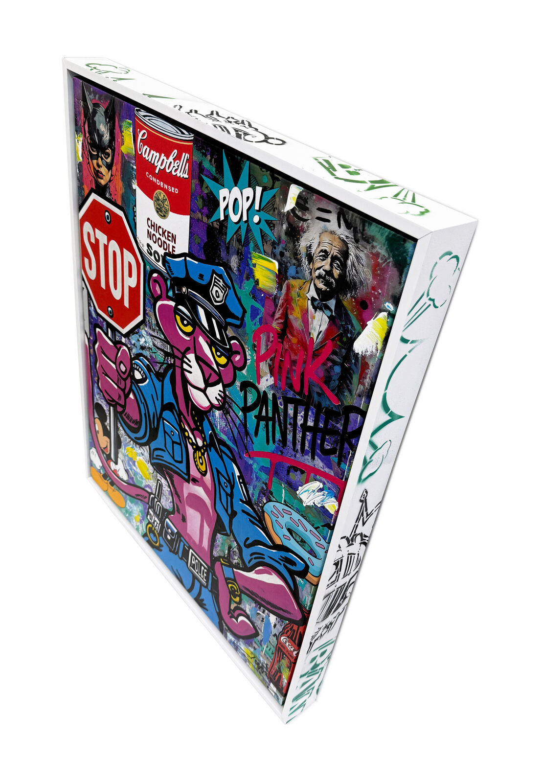 A painting of a pink panther holding a stop sign.