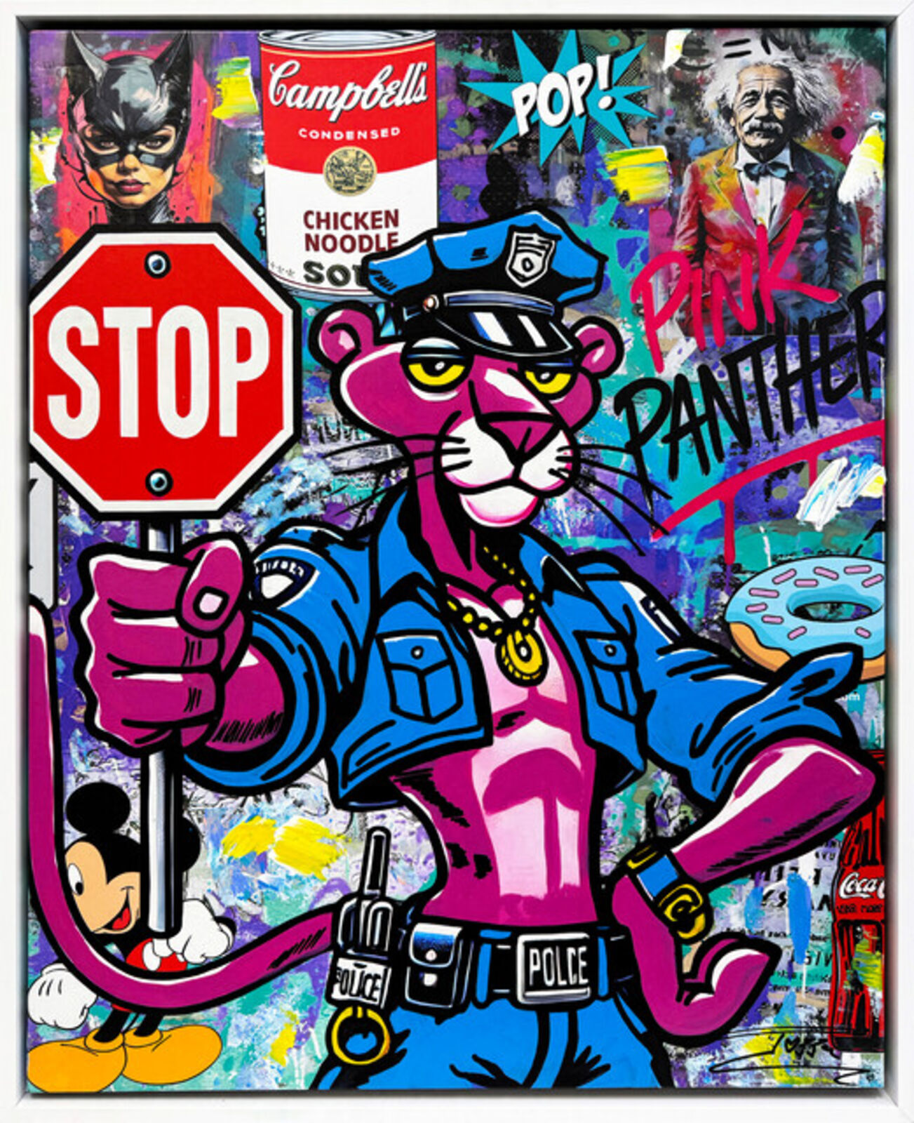 A painting of a pink panther holding a stop sign.