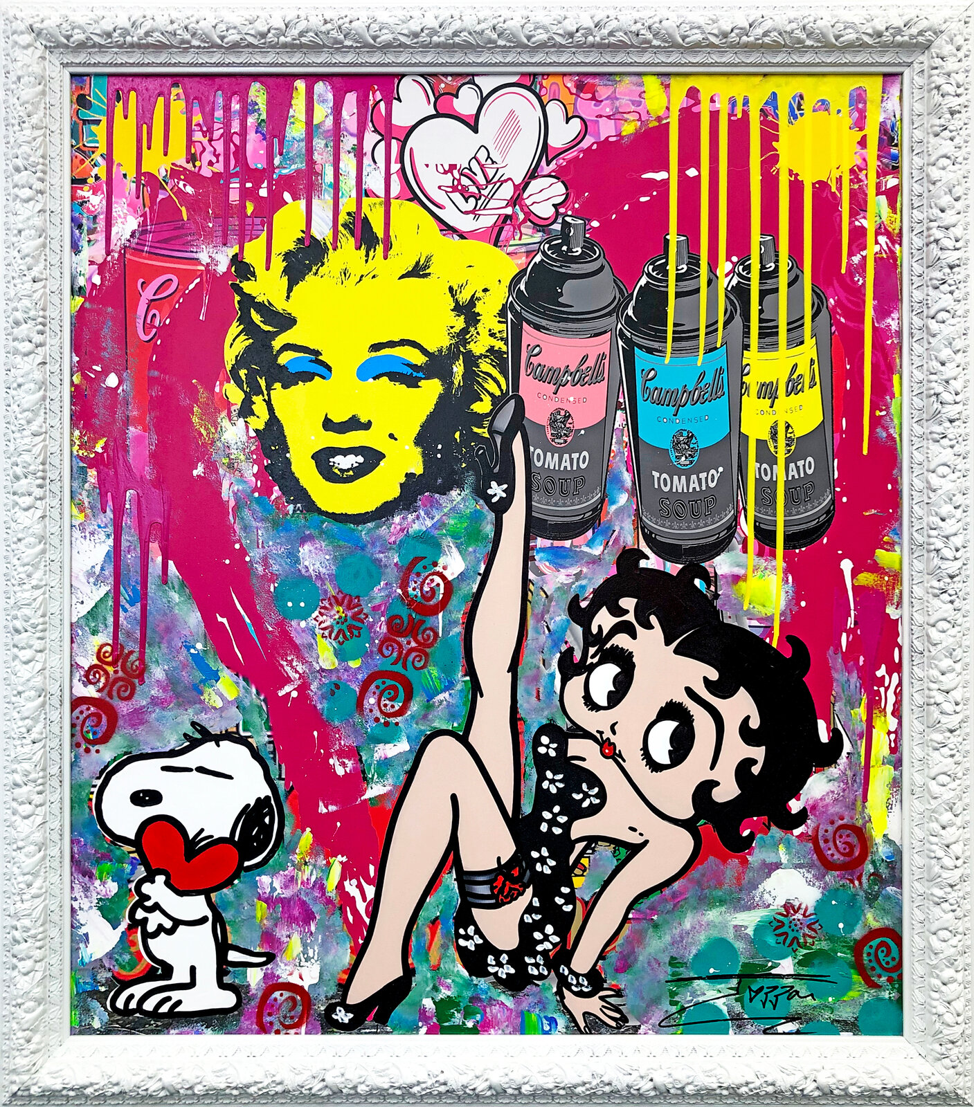 A painting of a woman and a dog in a white frame.