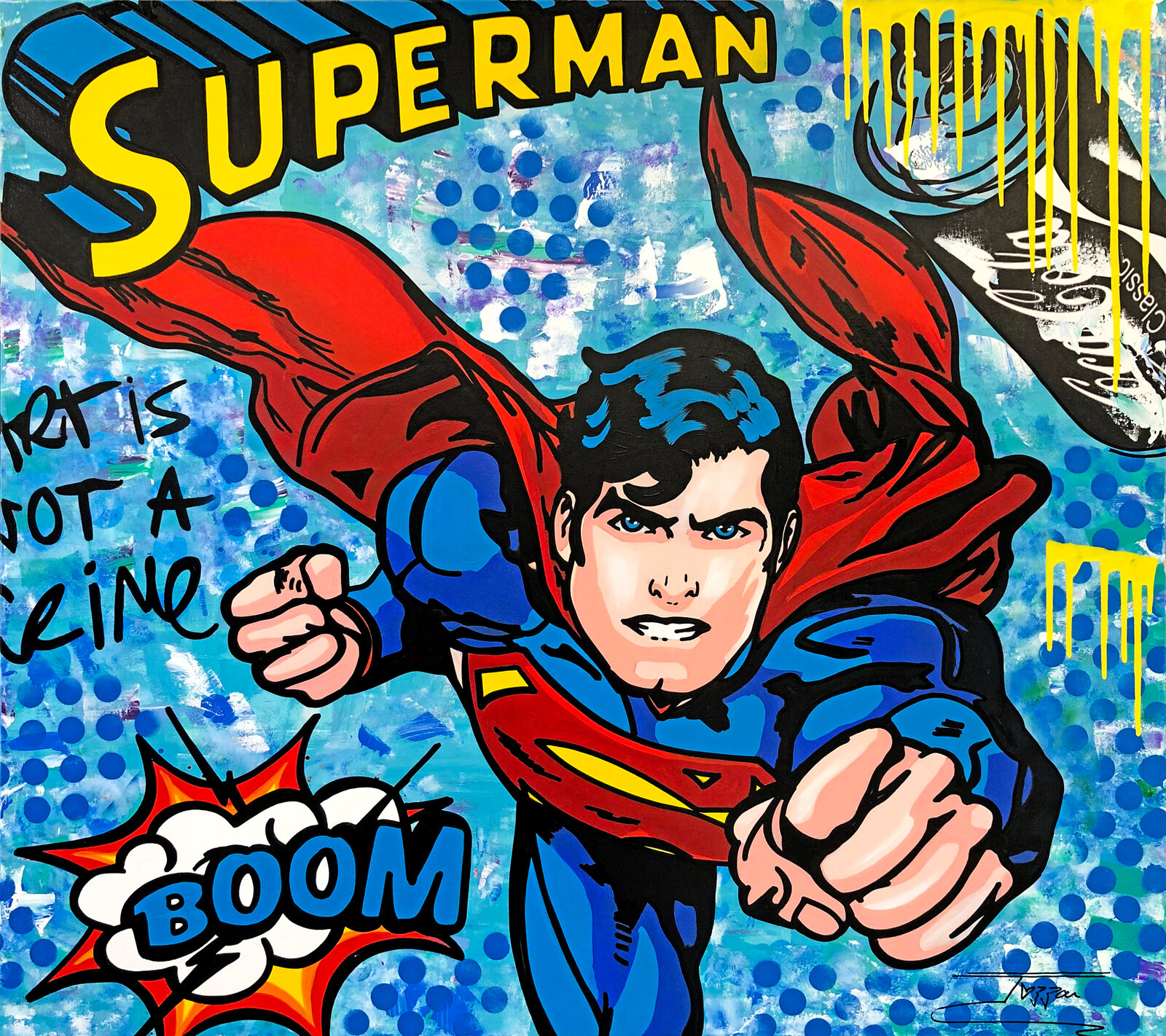 A dynamic pop-art style illustration of a superhero in flight against a blue dotted background.