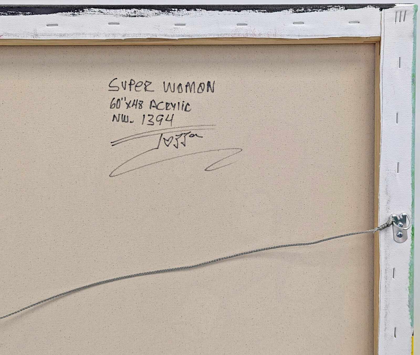 A painting of a woman in a superman costume holding a spray can.