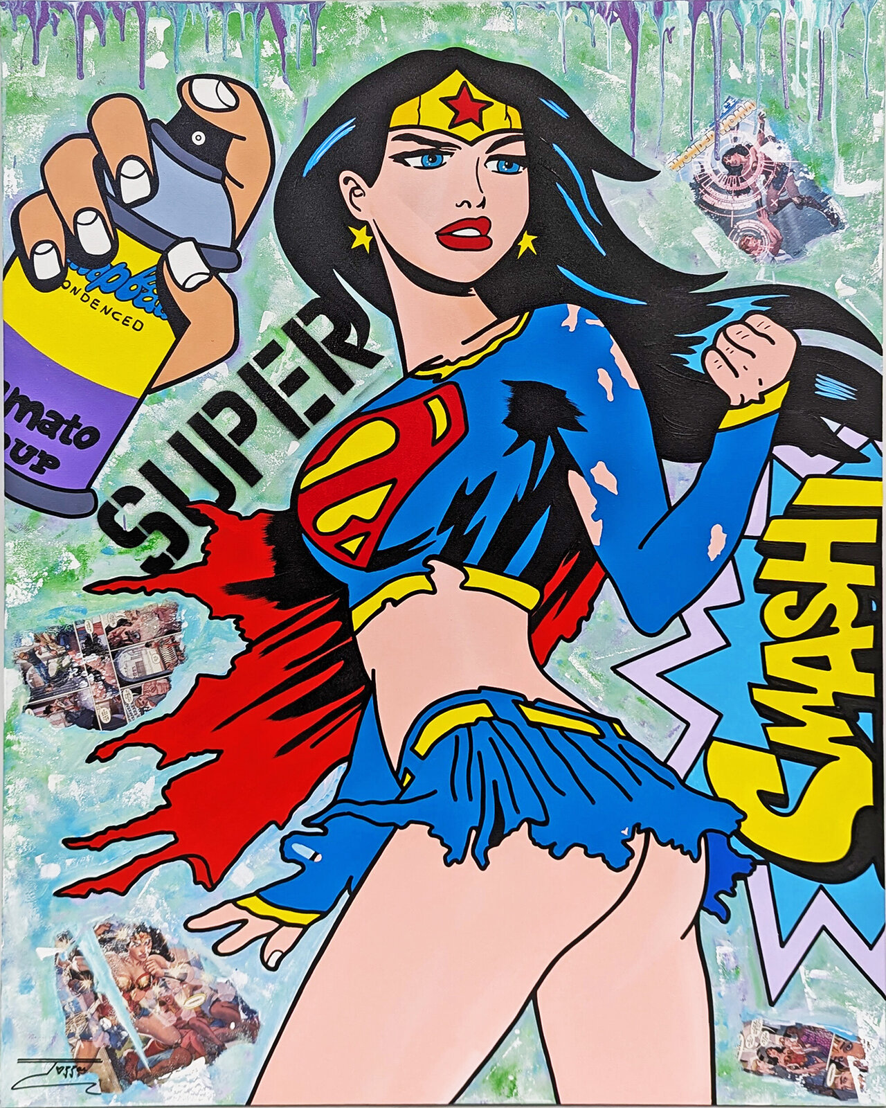 A painting of a woman in a superman costume holding a spray can.