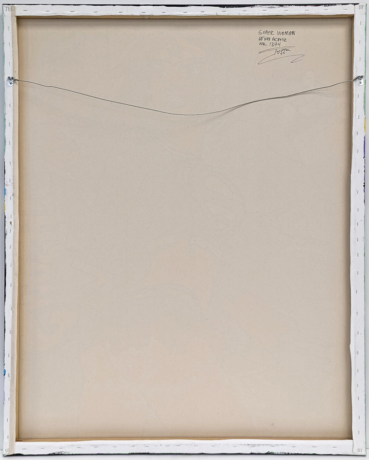 A painting of a woman in a superman costume holding a spray can.