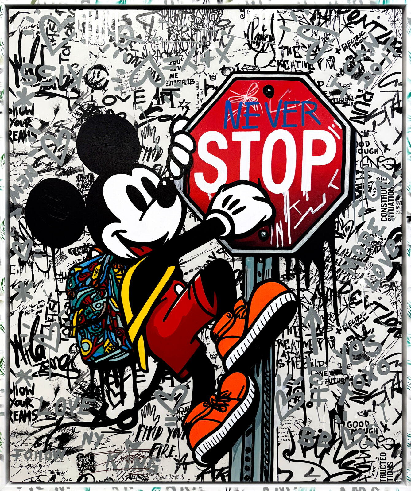 A painting of a mickey mouse holding a stop sign.