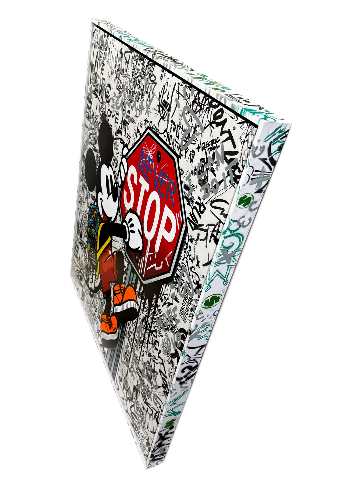 A painting of a mickey mouse holding a stop sign.