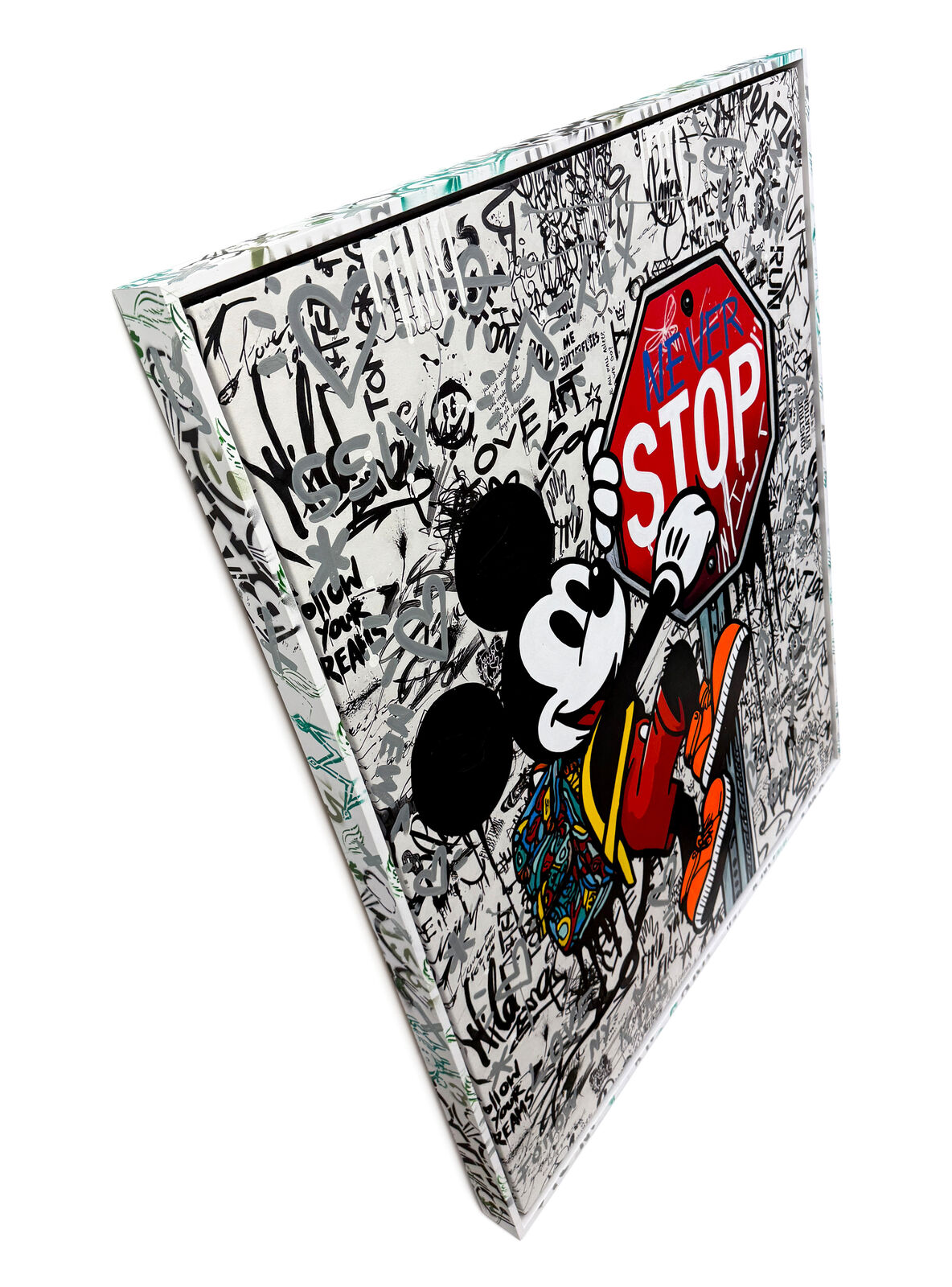 A painting of a mickey mouse holding a stop sign.
