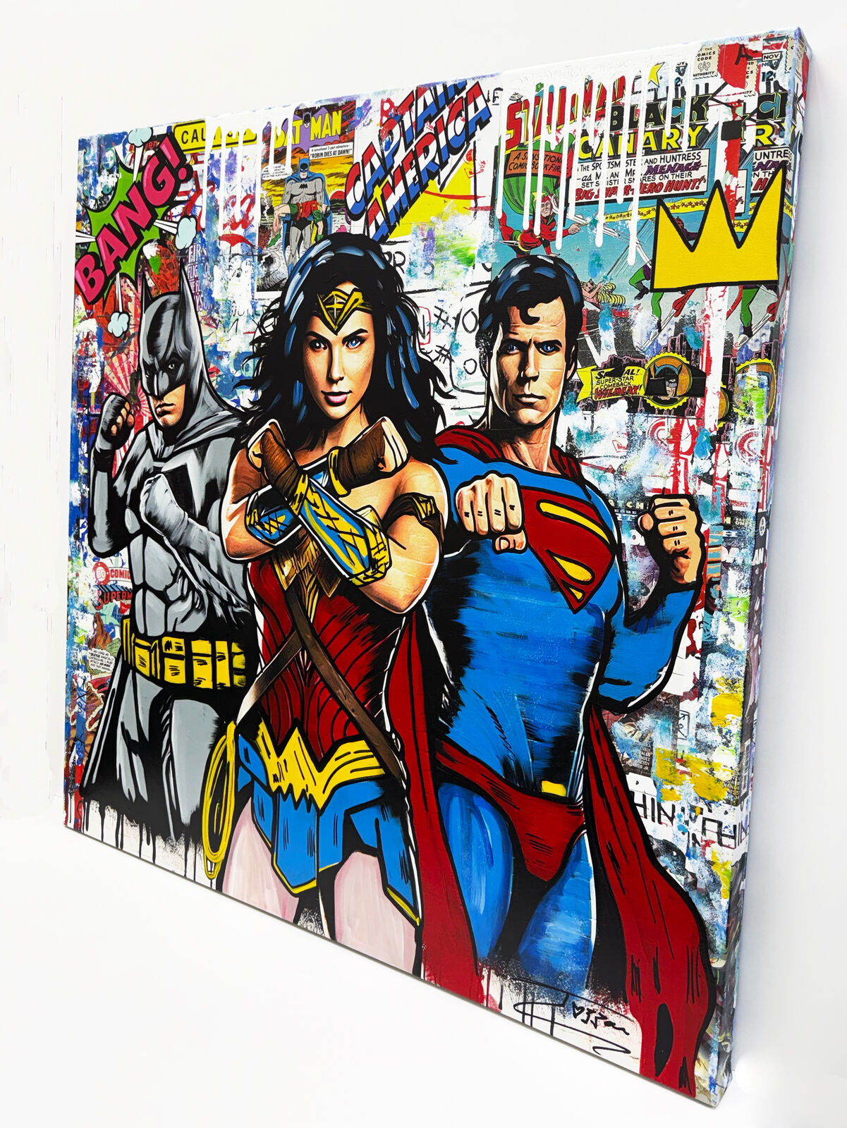 A painting of a group of superheros standing next to each other.