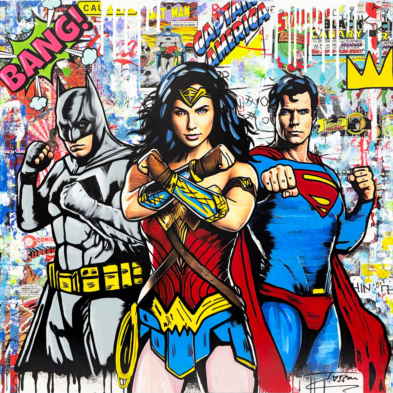 A painting of a group of superheros standing next to each other.