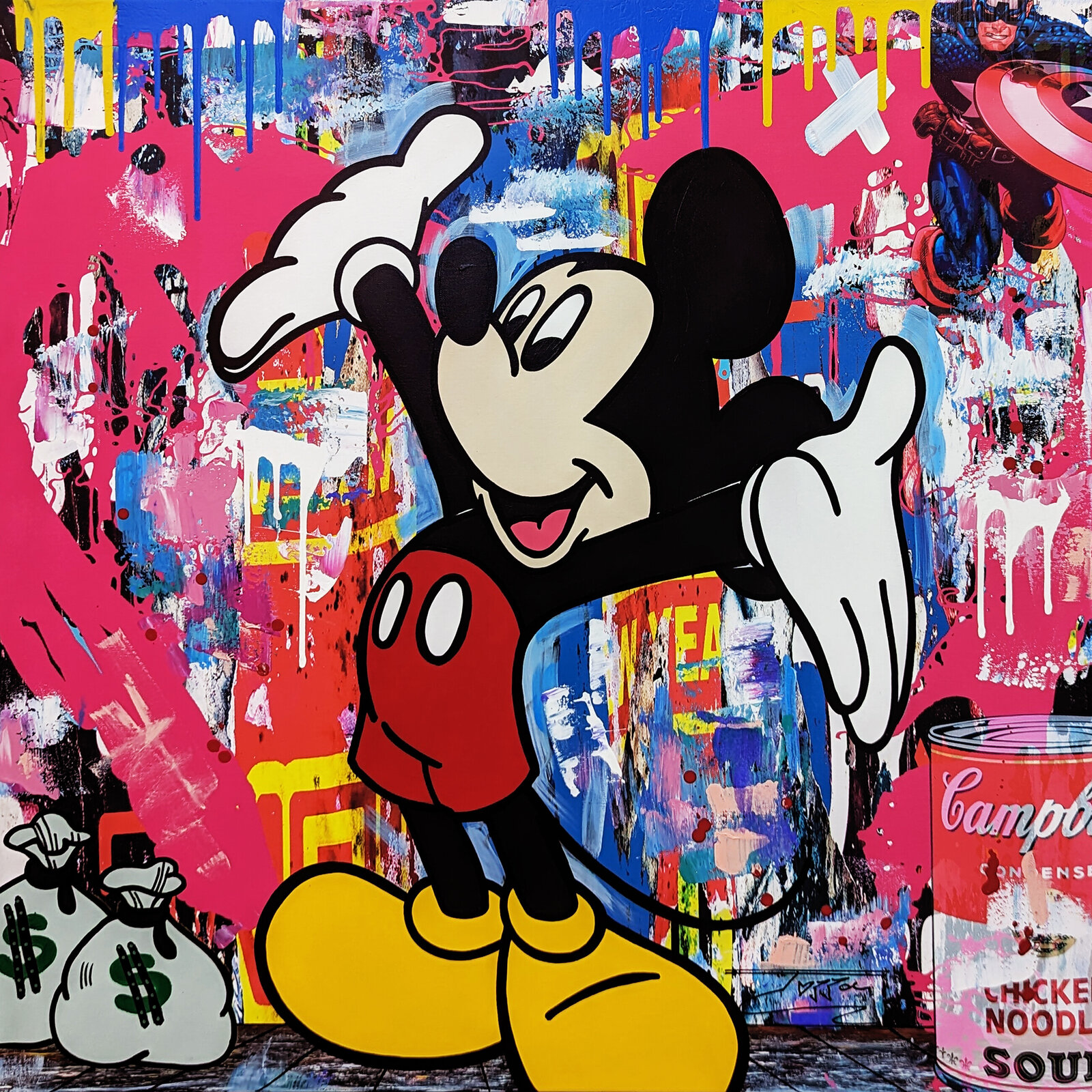 A painting of a mickey mouse standing in front of a colorful wall.