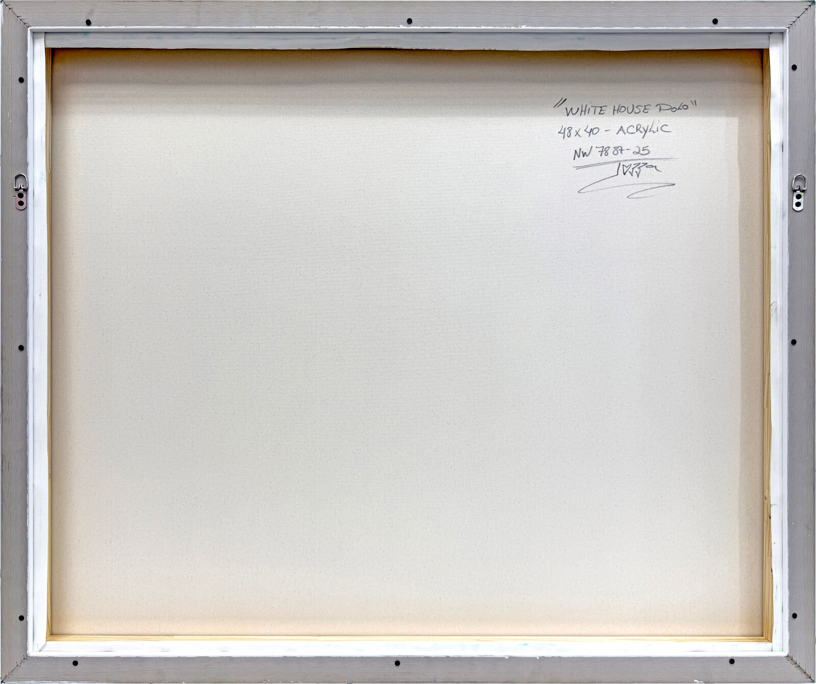 A painting of a man riding a horse in front of a white house.