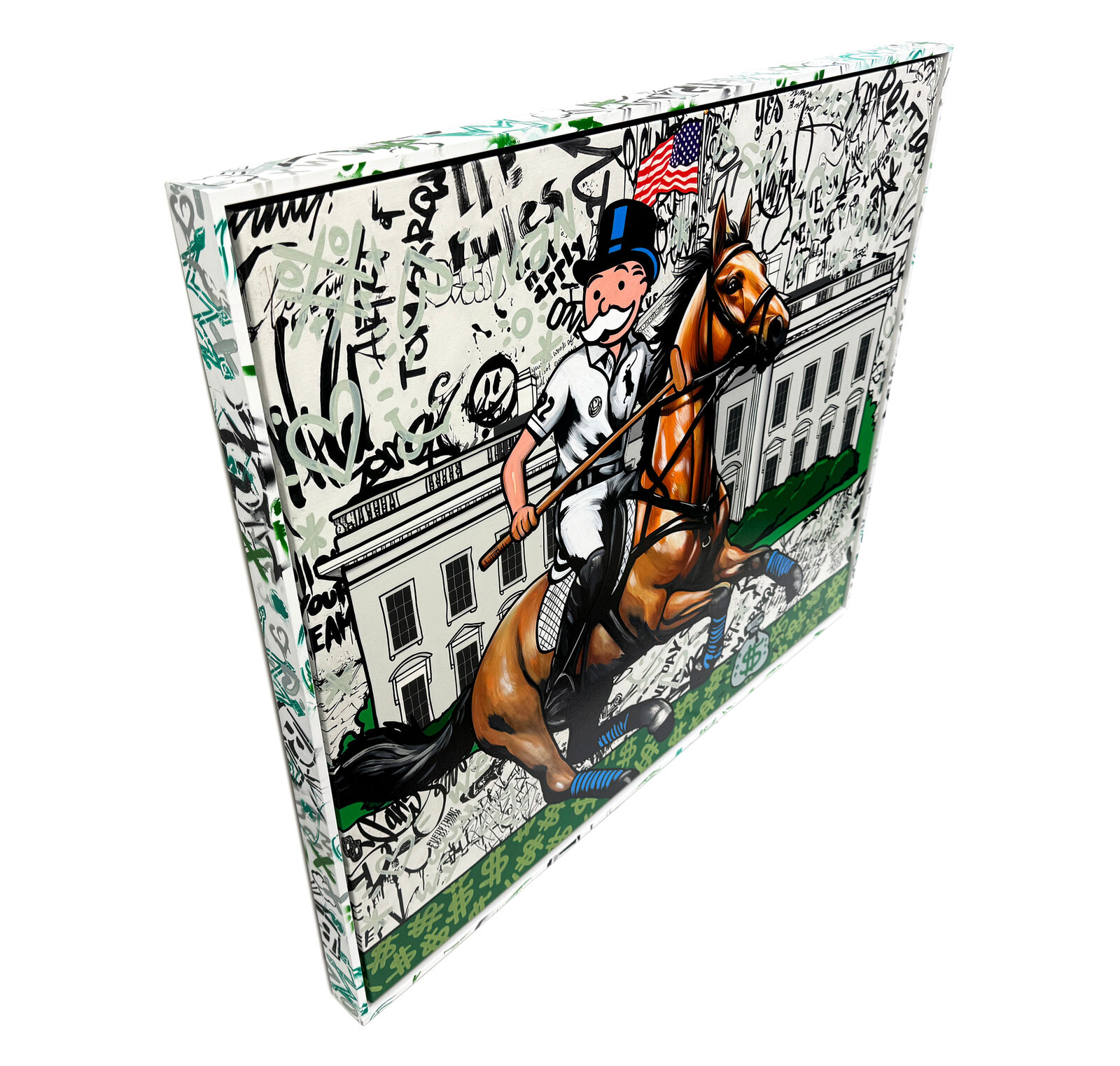 A painting of a man riding a horse in front of a white house.