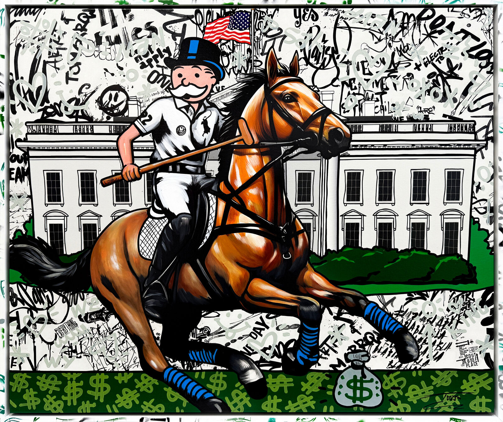 A painting of a man riding a horse in front of a white house.