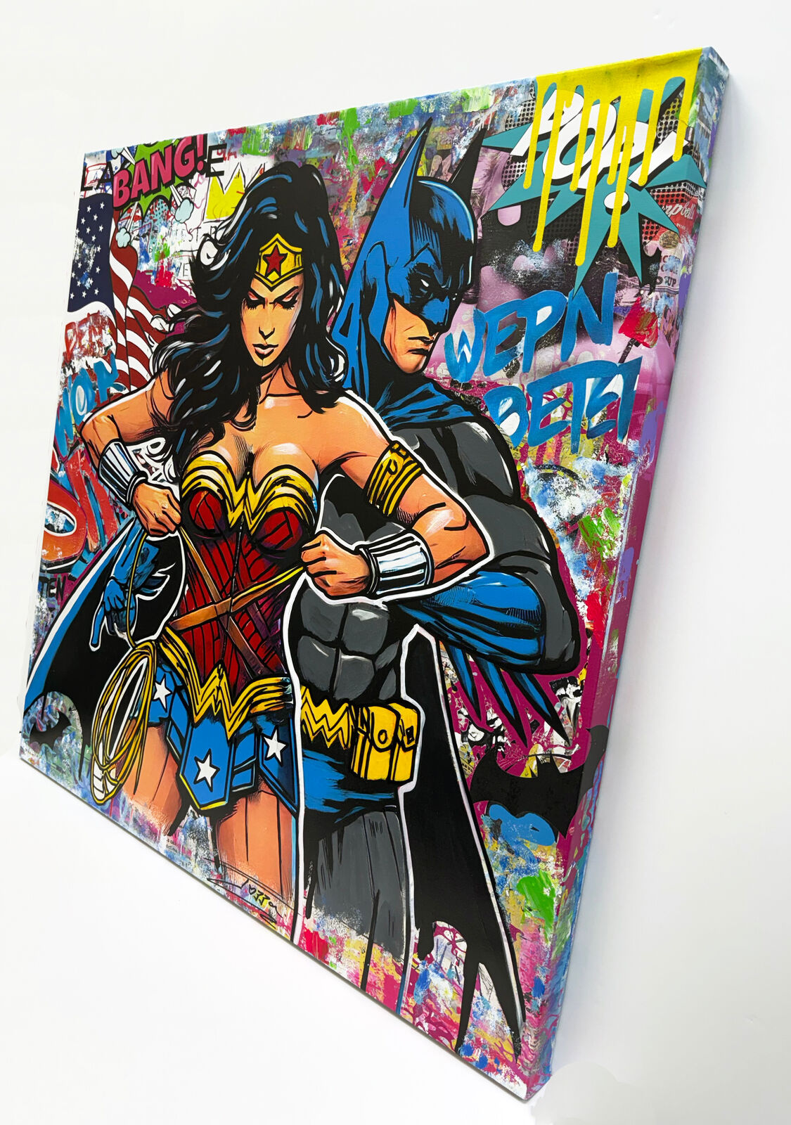 A painting of two superheros standing next to each other on a wall.