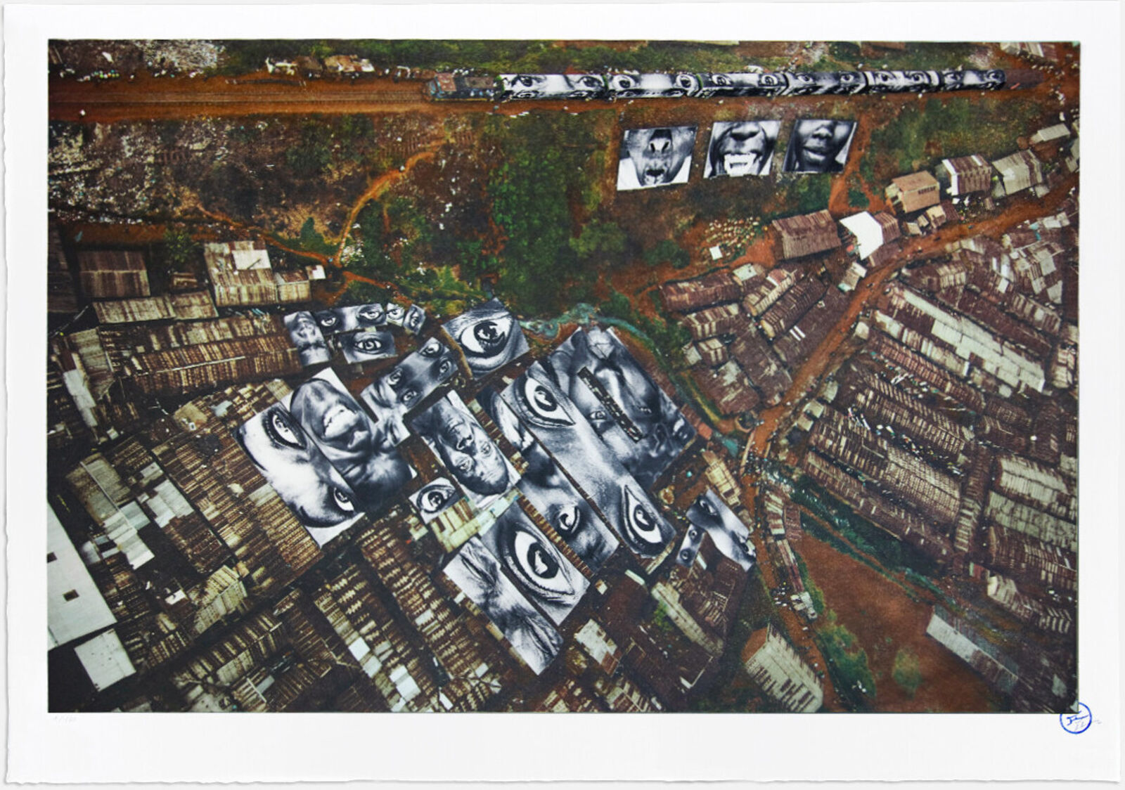 An aerial view of a city with many pictures on it.