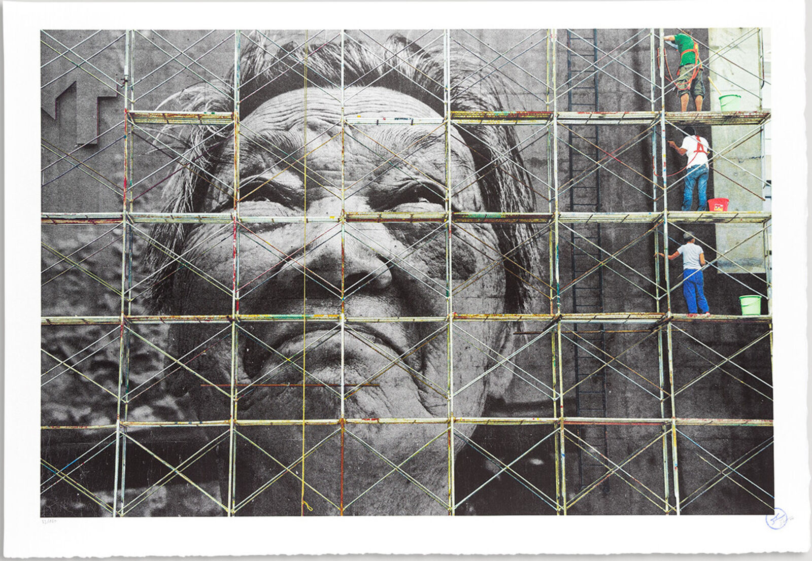 A black and white photo of a man's face behind a fence.